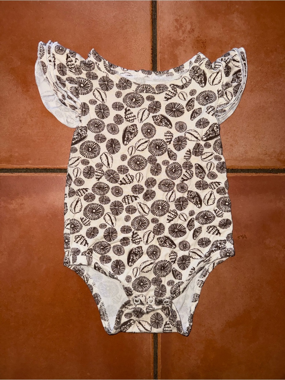 Baby Girls Flutter Sleeve One-Piece Romper in White and Brown
